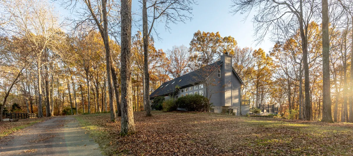 An inviting view of the house set among mature trees, with a long driveway leading up to it and abundant greenery all around. The scene hints at peaceful surroundings, ample parking, and easy access to nature right from the doorstep.
